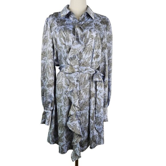 Cinq A Sept Charley Long Sleeve Botanical Dress Ruffle Detail Size 10 Blue - Picture 1 of 14